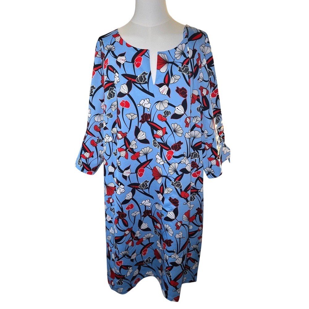 Americana Coastal Floral Shift Dress Blue Tie Sleeve Crepe Castaluna 24W